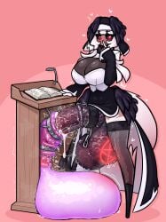 breasts chain condom condom_on_penis cum cumming demon_girl demoness female full_condom gigantic_balls gigantic_penis gigantic_testicles horse_penis horsecock horsecock_futanari huge_breasts limebreaker looking_at_viewer mark_on_balls nice_balls nun_outfit original_character red_eyes white_hair