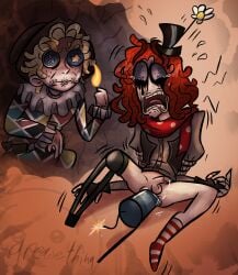2boys cartoony comical cum identity_v joke_art joker_(identity_v) male masochism mike_morton no_pants object_in_ass penis punishment saliva satire screaming tears tied_up torture