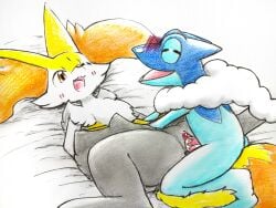 4:3 absurd_res anthro braixen duo eiroru english_text female feral frogadier from_front_position generation_6_pokemon genitals hi_res lying male male/female missionary_position nintendo on_back penis pokemon pokemon_(species) pussy sex text