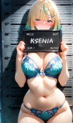 1girls ai_generated blonde_hair blue_eyes blush breasts bsandra female gradient_hair ksenia_(bsandra) medium_breasts medium_hair mugshot original original_character russian underwear