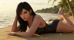 3d 3d_(artwork) 3d_model ai_generated beach black_hair final_fantasy_vii final_fantasy_vii_remake prone_bone red_eyes sunlight tifa_lockhart