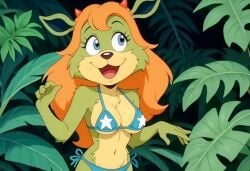 ai_generated amberley bikini blue_eyes furry_female furry_only green_fur horns orange_hair tagme the_dreamstone