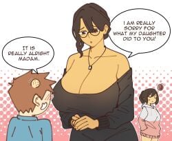 1boy 1boy2girls 2d 2d_(artwork) 2girls 2girls1boy anger_symbol apologizing apology background_character black_sweater blue_shirt blush breasts breasts_bigger_than_head brown_hair bump color earring english english_dialogue english_text ffm glasses hurt large_breasts mature_female mayu_naisu milf mother mother_and_child mother_and_daughter necklace no_sex(yet) oc older_female older_female_and_younger_male original original_character original_characters pink_sweater ponytail sweater white_sweater younger_male