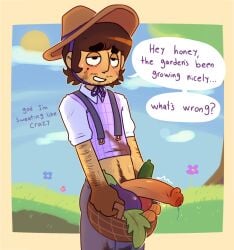 1boy basket cl0ckability cock digital_media_(artwork) dirt farmer hat male mechul original_character overalls precum sweat sweating unaware vegetable