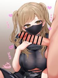 1boy 1girls balls bar_censor black_shirt black_skirt breasts brown_eyes brown_hair censored commentary_request erection female festa11307070 heart large_breasts light-skinned_female light-skinned_male light_skin long_hair male mask mouth_mask nijisanji paid_reward_available penis shirt short_sleeves sister_claire skirt solo_focus sound_effects straight testicles two_side_up variant_set virtual_youtuber