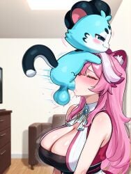 1boy 1girls ai_generated anthro anthro_on_humanoid balls black_clothing black_tail blue_eyes blue_fur blush breasts cat_tail catboy catgirl chattino_(raora_panthera) clothed clothing fan_mascot_(vtuber) fan_mascot_focus_(vtuber) feline fellatio half-closed_eyes hololive humanoid large_breasts long_hair male/female penis pink_clothing pink_ears pink_hair raora_panthera smug straight straight_sex tail topwear virtual_youtuber white_clothing white_fur white_hair