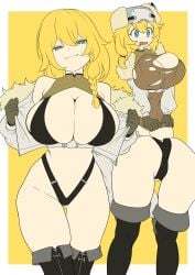 2d_(artwork) :3 big_ass big_breasts blonde_hair blue_eyes breasts bzurrf girls'_frontline girls'_frontline_2:_exilium huge_breasts large_thighs looking_at_viewer mosin-nagant_(girls'_frontline) ripped_clothing smug smug_face surprised surprised_expression thigh_boots torn_clothes undressing voluptuous