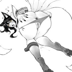 :o :p ahri_(league_of_legends) animal_ears anus ass bent_over blush double_daggers female fingernails fox_ears fox_girl fox_tail green_(greeniris) heart highres kitsune kyuubi league_of_legends long_hair multiple_tails nail_polish orange_eyes panties pussy sharp_fingernails solo spread_ass tail tongue tongue_out top-down_bottom-up underwear