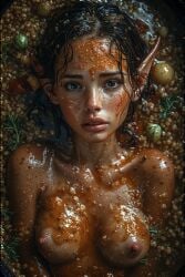 1girls ai_generated areolae black_hair breasts dark-skinned_female dark_hair dark_skin elf elf_ears elf_female elf_girl female food food_fetish food_on_body gynophagia looking_at_viewer minigirl naked naked_female nipples nude nude_female oil oiled oiled_body oiled_skin oily oily_body oily_skin partially_submerged sad sauce soup tagme vegetable vegetables wet_body wet_hair wet_skin