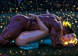 1boy ai_assisted ai_generated artist_request barefoot black_hair blonde_hair blue_dress blue_eyes boy_on_top breasts closed_eyes clothed_female_nude_male dark-skinned_male dark_skin dress female grass lying manly mario_(series) missionary muscular nintendo nude on_back princess_rosalina sex straight sweat vaginal_penetration watermark web_address wet
