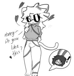 domestic_cat felid feline felis female genitals half_naked heartyna hi_res humanoid jiangter lagomorph leporid mammal monochrome pexesky pussy rabbit rope surprise