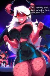 1girls ai_generated bare_arms bare_legs bare_shoulders bare_thighs big_breasts color demon demon_girl english_text female fishnets gigiti helluva_boss hi_res large_breasts long_hair looking_at_viewer nightclub pink_body pink_skin smug smug_face solo solo_female succubus succubus_horns succubus_tail succubus_wings text text_box thick_thighs verosika_mayday_(helluva_boss) white_hair