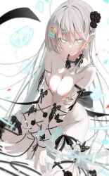 absurdres arm_ribbon black_bow black_flower black_ribbon blue_eyes bow breasts breasts_squeezed_together earrings female female_pubic_hair floating_hair flower grey_hair hair_between_eyes hair_flower hair_ornament hairclip heart heart_earrings heart_hair_ornament highres jewelry kneeling leg_ribbon long_hair medium_breasts nipples nude original pubic_hair pussy ribbon sajin_(user_pvrm4582) solo very_long_hair white_background