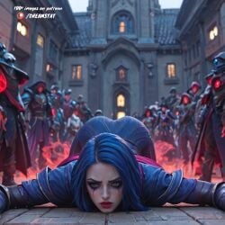 ai_assisted ai_generated all_fours armor artist_name artist_request ass blue_eyes blue_hair blurry blurry_background building female fiora_laurent hood league_of_legends nightraven_fiora outdoors patreon_username red_lips riot_games short_hair solo_focus top-down_bottom-up
