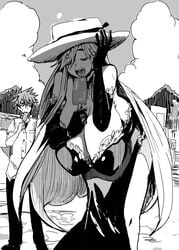 (doctor_masube) 1boy beach cleavage doctor_masube female gigantic_breasts hat ice_cream lucretia monochrome outdoor outfit