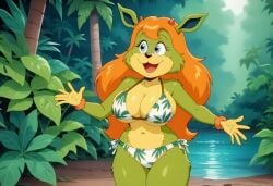 ai_generated amberley bikini blue_eyes furry_female furry_only green_fur horns orange_hair tagme the_dreamstone