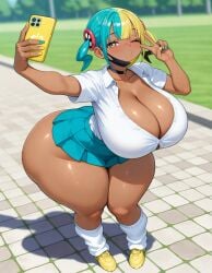 1girl addbd ai_generated blue_skirt blush breasts canari_(pokemon) canary_(pokemon) cleavage collarbone collared_shirt female full_body gigantic_breasts gyaru leg_warmers nail_polish o3o one_eye_closed outdoors painted_nails park pleated_skirt pokemon pokemon_legends:_z-a seductive shoes solo stable_diffusion taking_selfie thick_thighs thighs v wide_hips