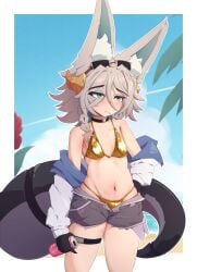 beach belly_button big_ears big_tail big_thighs bikini bra breasts claws crossdressing dragon dragon_boy dragon_tail ear energy_drink femboy fluffy fluffy_ears glasses golden_retriever golden_week jacket loose_clothes male male_breasts monster nade_arts sea shark_tail small_breasts sunglasses tail thighs underwear wide_hips
