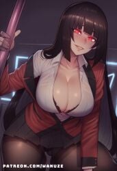 ai_generated big_ass big_breasts big_butt big_thighs black_hair black_panties blush breasts glowing_eyes huge_ass huge_breasts huge_butt huge_thighs jabami_yumeko kakegurui kneeling pantyhose pole pole_dancing red_eyes school_uniform wanuze wide_hips