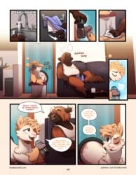 2019 2boys after_sex aftercare alpaca anthro apartment bara barely_visible_genitalia bent_over biped blush bodily_fluids bottomless bovine braeburned bulge camelid cattle chubby closed_eyes clothed clothing comic cum dialogue digital_media_(artwork) english_text fingers friends furry gay genital_fluids glory_wall hair half-closed_eyes hi_res highland_cattle hooved_fingers horn ian_(braeburned) interspecies kitchen living_room male mammal nude olli_(braeburned) onomatopoeia open_mouth page_19 page_number patreon phone public speech_bubble testicles text through_wall tongue url water watermark wiping yaoi