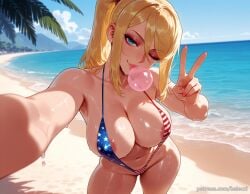ai_generated american_flag_bikini areola_slip balecxi beach blonde_hair blue_eyes breasts bubble_blowing chewing_gum cleavage collarbone day female flag_print large_breasts long_hair looking_at_viewer metroid navel ocean one_eye_closed outdoors patreon_username ponytail reaching_towards_viewer samus_aran selfie slingshot_swimsuit smile solo stomach swimsuit thighs v web_address wet