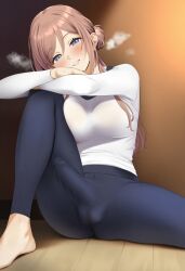 ai_generated asymmetrical_bangs barefoot black_leggings blue_eyes breast_press breasts brown_hair cowboy_shot erection erection_under_clothes eyelashes female foot_out_of_frame futanari gakuen_idolmaster gerumusi hand_on_own_arm head_on_knee head_rest head_tilt heavy_breathing himesaki_rinami knee_up leggings light_skin lips long_shirt looking_at_viewer medium_breasts on_floor outstretched_leg penis_under_clothes room sidelighting sitting solo sportswear steaming_body sweat sweatdrop testicles white_shirt