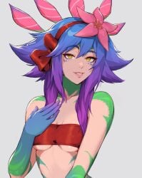1girls allen_skies02 blue_hair breasts chameleon female flower_in_hair hi_res league_of_legends looking_at_viewer looking_pleasured multicolored_body multicolored_hair neeko nipples partially_clothed simple_background underboob yellow_eyes