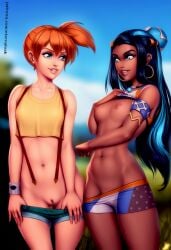 ai_generated best_friends caught_naked chatting dark-skinned_female dark_skin dark_skinned_female eternal_oak friends gym_leader horny horny_female kasumi_(pokemon) nessa_(pokemon) outdoors outside pants_down pokemon ready_for_sex ready_to_fuck small_breasts stripping tight_pussy undressing