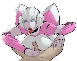 1girls 2d arcee arcee_(g1) big_breasts blue_eyes breasts female female_focus grabbing_penis human/robot human_on_robot light-skinned_male male male_pov open_mouth partial_male penis pov robot robot_girl robot_humanoid size_difference straight tongue tongue_out transformers transformers_g1 warblurred white_background