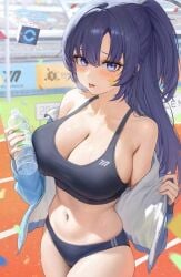 1girls artist_request big_breasts blue_archive breasts halo ponytail running_track sports_bra sticker_on_face stripping sweating tongue_out water_bottle yuuka_(blue_archive)