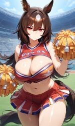 ai_generated animal_ears brown_hair cheerleader_uniform female horse_girl long_hair markings markings_on_head red_eyes sirius_symboli_(umamusume) umamusume umamusume_pretty_derby