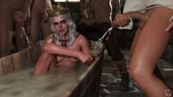 3boys 3d bath bathing breasts cd_projekt_red ciri completely_nude crimtonic crown cum cum_bath cum_drinking cum_in_mouth cumshot empress female freckles green_eyes light-skinned_female light-skinned_male male mascara necklace nipples nude penis scar the_witcher_(series) the_witcher_3:_wild_hunt white_hair
