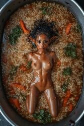 1girls ai_generated areolae big_areolae big_breasts big_nipples black_hair blush blushing_at_viewer blushing_female breasts dark-skinned_female dark_hair dark_skin elf elf_ears elf_female elf_girl female food food_fetish food_on_body gynophagia looking_at_viewer lying lying_down lying_on_back minigirl naked naked_female nipples nude nude_female oil oiled oiled_body oiled_skin oily oily_body oily_skin partially_submerged pussy rice sad sauce tagme vagina vegetable vegetables wet_body wet_hair wet_skin