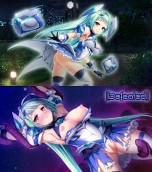 1girls armpits before_and_after big_breasts breasts breasts_out defeated defeated_heroine exs-tia_aqua female green_hair hime_cut kamitsurugi_ouka kouyoku_senki_exs-tia kouyoku_senki_exs-tia_concerto kunijima_chiaki lusterise magical_girl multiple_boys nervous orange_eyes orientation_play public restrained skirt superheroine tentacle thighhighs wet_pussy