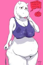 2:3 anthro ass belly big_breasts big_butt bodily_fluids bottomless bovid breasts caprine clothed clothing dialogue ducktape_lizard_inc english_text female fur g-string g-string_aside genitals goat hatching_(art) hi_res holding_clothing holding_object holding_underwear holidays horn mammal mature_female mother's_day nipple_outline offering_sex offering_to_viewer overweight overweight_female shaded shirt shirt_only solo sweat sweat_clouds sweaty_body sweaty_breasts sweaty_chest sweaty_clothing sweaty_genitalia sweaty_legs tail taking_off_shirt talking_to_viewer tank_top tank_top_only text topwear topwear_only toriel undertale_(series) underwear undressing undressing_self white_body white_fur wide_hips