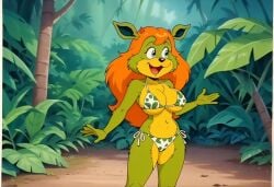 ai_generated amberley bikini blue_eyes furry_female furry_only green_fur horns orange_hair tagme the_dreamstone