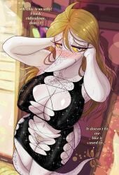 anthro artist_name bedroom_eyes big_breasts biped black_clothing black_dress blonde_hair blush breasts cavemanon_studios clothed clothed_anthro clothed_female clothing dialogue dinosaur doorway dress english_text eyebrows fan_character female flustered freckled_face freckles genitals glistening glistening_body glistening_breasts glistening_scales grey_body grey_eyes grey_scales hair half-closed_eyes hand_on_head hi_res high-angle_view humanoid_genitalia humanoid_pussy ineffective_clothing inner_boob long_hair long_tail markings mature_anthro mature_female narrowed_eyes navel nipple_outline non-mammal_breasts pinup pose prehistoric_species pubes pussy raised_inner_eyebrows reptile scales scalie seductive shaded shy snoot_game solo sparkles sparkling_clothing sparkling_dress spots spotted_markings standing tail talking_to_viewer tarja_(snoot_game) text theropod tight_clothing troodon troodontid white_body white_scales yeik_art yellow_sclera