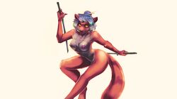 2019 ailurid anthro breasts female hair holding_object holding_weapon katana looking_at_viewer mammal melee_weapon nipples nude red_panda simple_background solo sword watsup weapon white_background