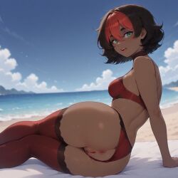 1girl1boy ai_generated anus anus_focus ass ass_focus back back_view beach black_hair bra brown_skin butt_focus civitai courtains curly_hair cyan_eyes dark-skinned_female dark-skinned_male day female green_eyes kaybur_(series) kneeling kneeling_female la_gran_guerra_(series) lingerie lingerie_only lying lying_on_side male only_female open_anus open_ass open_asshole penis_in_pussy pink_pussy pov pussy red_lingerie short_hair smiling smiling_at_viewer sofia_eskáy_(character) stockings straight straight_sex string_panties thick thick_thighs thin thin_female