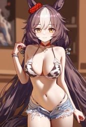 ai_generated animal_ears bikini_under_shorts busty cow_print female horse_girl long_hair shorts twintails two_tone_hair umamusume umamusume_pretty_derby yamanin_zephyr_(umamusume) yellow_eyes