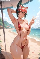 ai_generated armpits arms_behind_head arms_up beach beach_umbrella belly belly_button female kiriko_(overwatch) looking_at_viewer overwatch overwatch_2 peace_sign sling_bikini slingshot_swimsuit smiling_at_viewer thick_thighs thin_waist v zackwastaken01