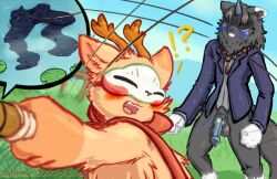 accident accidental_exposure animal_genitalia animal_penis assisted_exposure balls blush bottomless bottomwear canid canine canine_genitalia canine_penis clothed clothing deer diting_(fabulous_beasts) embarrassed fabulous_beasts fishing fishing_rod frist44 genitals hi_res hook knot lake lily_pad mammal mask pants penis plant sibuxiang_the_deer_(fabulous_beasts) suit