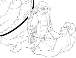 2_toes 3_fingers anthro bald bald_female bandana bodily_fluids casey_jones claws clothed clothing cowgirl_position featureless_chest female female_penetrated fingers genital_fluids hi_res hockey_mask interspecies jennika_(tmnt) looking_at_another looking_at_partner looking_down male male_on_anthro male_penetrating male_penetrating_female mask ninja nude on_top partially_clothed penetration penis pussy sex shockley23 sports_mask sportswear straight teenage_mutant_ninja_turtles toes vaginal_penetration warrior weapon x-ray