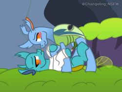 absurd_res arthropod blush bodily_fluids carapace_(mlp) changeling changeling_hive clothing duo female friendship_is_magic genital_fluids genitals hasbro hi_res imminent_sex looking_at_another lying male male/female my_little_pony on_back penis precum reformed_changeling seductive side_view tapering_penis urtica_(mlp) wasisi