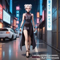 ai_generated annoyed bulge city cybernetics cyberpunk cyborg dress femboy feminine feminine_male futuristic high_heels kettleman latex latex_clothing male male_only outdoors penis_bulge public sissy skin_tight slender_waist slim_waist trap twink white_hair