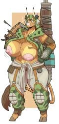 1girls absurd_res anthro areolae big_breasts bovid bovine breasts brown_body brown_eyes brown_hair capcom cattle clothed clothing female female_only full_body hands_on_hips hooves horns huge_breasts large_areolae light_blush molly_(slightlysimian) monster_hunter monster_hunter_wilds nipples puffy_nipples slightlysimian solo surprised surprised_expression tail tail_tuft thick_thighs torn_clothes wardrobe_malfunction white_background wide_eyed