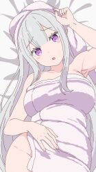 1girls after_bath armpits covered_breasts elf elf_ears elf_female emilia_(re:zero) exposed_shoulders female half_naked hips looking_at_viewer lying_on_back on_bed purple_eyes re:zero_kara_hajimeru_isekai_seikatsu silver_hair solo towel_only