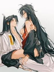 1boy ahoge alternate_hairstyle ass bare_shoulders barefoot black_hair black_hanfu black_pants black_robe blush breasts chinese_clothes clothes_down clothes_pull collarbone cowgirl_position dudou female genderswap_(mtf) hair_down hanfu headband heyoubuyou highres implied_sex lan_wangji large_breasts long_hair looking_at_another messy_hair mo_dao_zu_shi modao_zushi nipples off_shoulder ofuda open_clothes open_robe pants pants_pull partially_undressed pectoral_cleavage pectorals ponytail profile purple_eyes robe robe_partially_removed rule_63 sex sitting sitting_on_person straddling straight sweatdrop talisman very_long_hair wei_wuxian wei_wuxian_(yiling_laozu) white_hanfu white_headband xiao_guan_(headdress) yellow_eyes