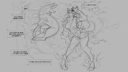 2019 ambiguous_gender anthro big_breasts breasts canid canine clothing dialogue digitigrade duo female feral forced forced_transformation fox grey_background hair mammal mask monochrome multi_breast nipples open_mouth pussy simple_background smile spirit torn_clothing transformation watsup