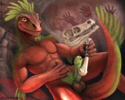 anthro balls big_penis bone brallion dinosaur dromaeosaurid erection featureless_chest foreskin genitals green_body hand_on_belly hi_res holding_bone humanoid_genitalia humanoid_penis male muscular muscular_anthro muscular_male nude_anthro nude_male penis prehistoric_species red_body reptile scalie solo teeth theropod thick_penis